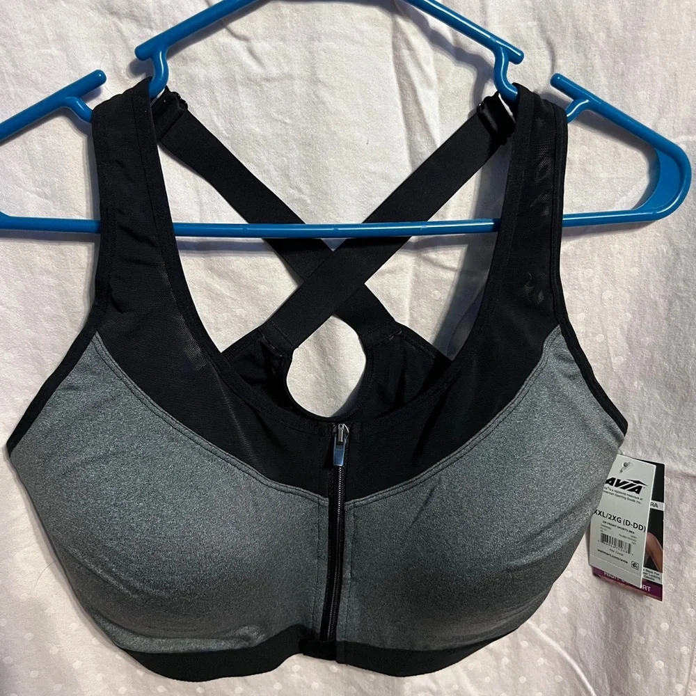Avia Women's Black and Gray Zip-Front Sports Bra XXL (D-DD) - Picture 1 of 7